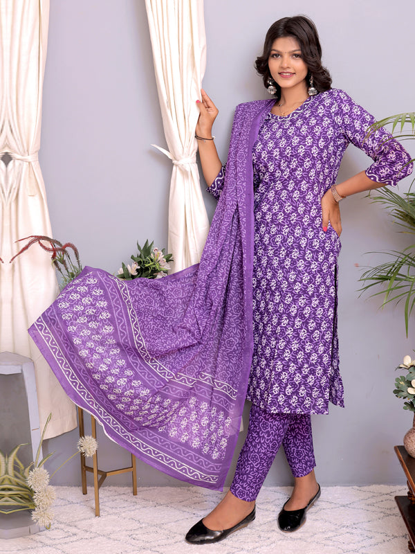 Purple Cotton Printed Kurti With Pant & Dupatta Set